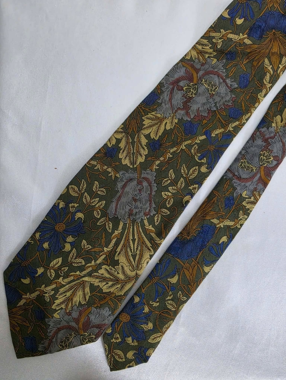 Vintage Valentino Floral Pattern Silk Tie Olive Green and Blue